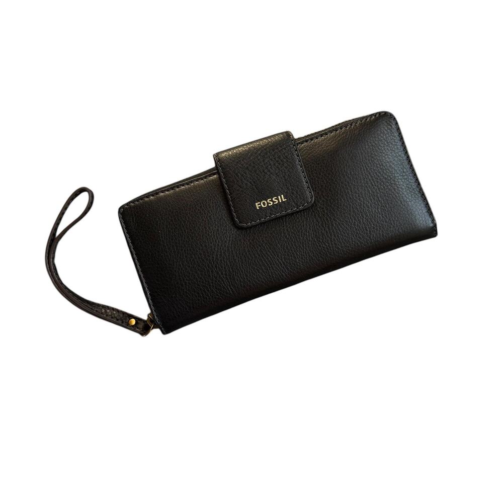 Fossil Wristlet Wallet Womens One Size Black Madison Zip Clutch Leather